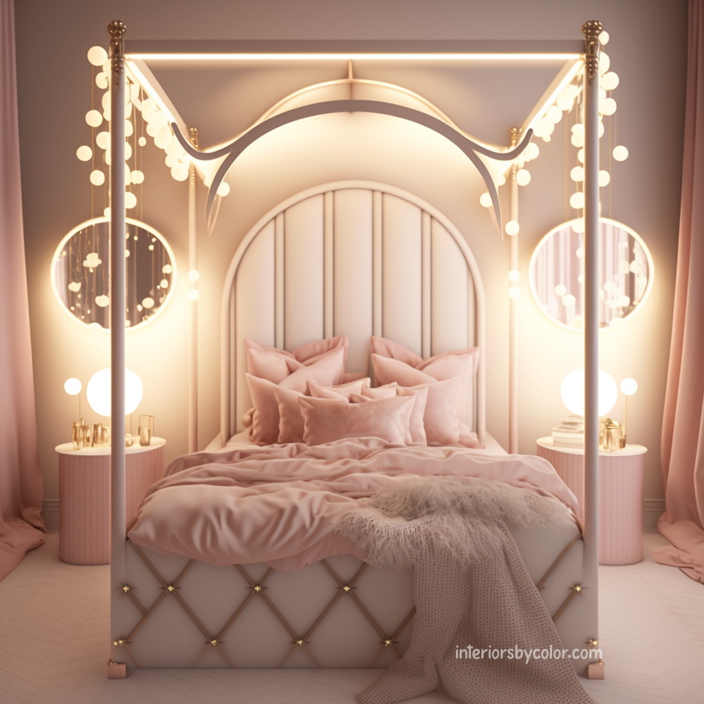 pastel pink glam bedroom with four poster bed