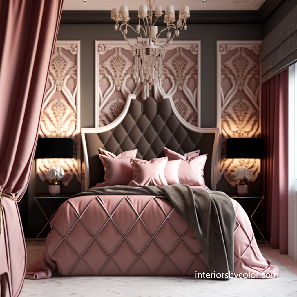 pink and black damask bedroom