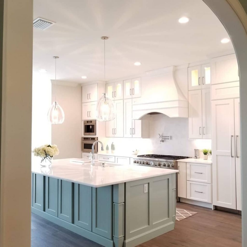 Sherwin Williams Contented green painted kitchen island