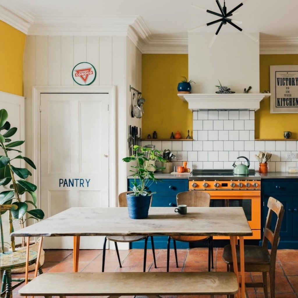modern kitchen in blue, white and yellow interior colour scheme