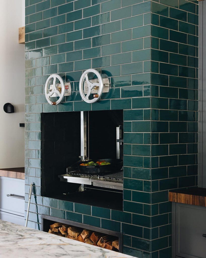 hearth oven with dark green tiles