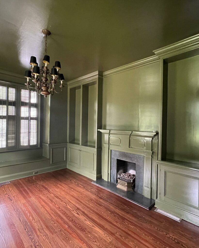 Benjamin Moore Guacamole fireplace walls and ceiling green paint color
