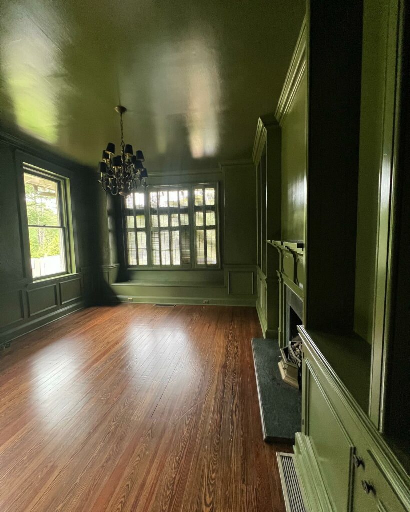 Benjamin Moore Guacamole fireplace walls and ceiling green paint color