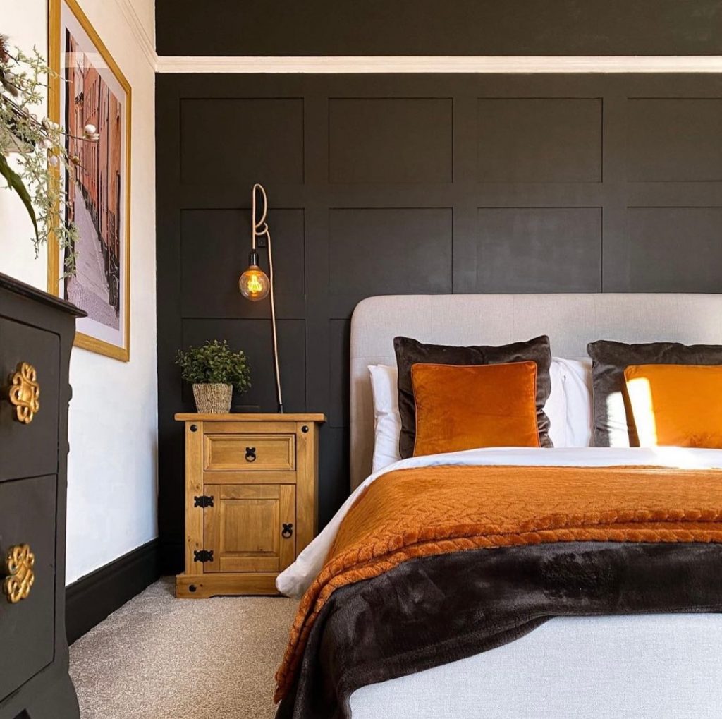 Benjamin Moore Midnight black painted feature wall bedroom