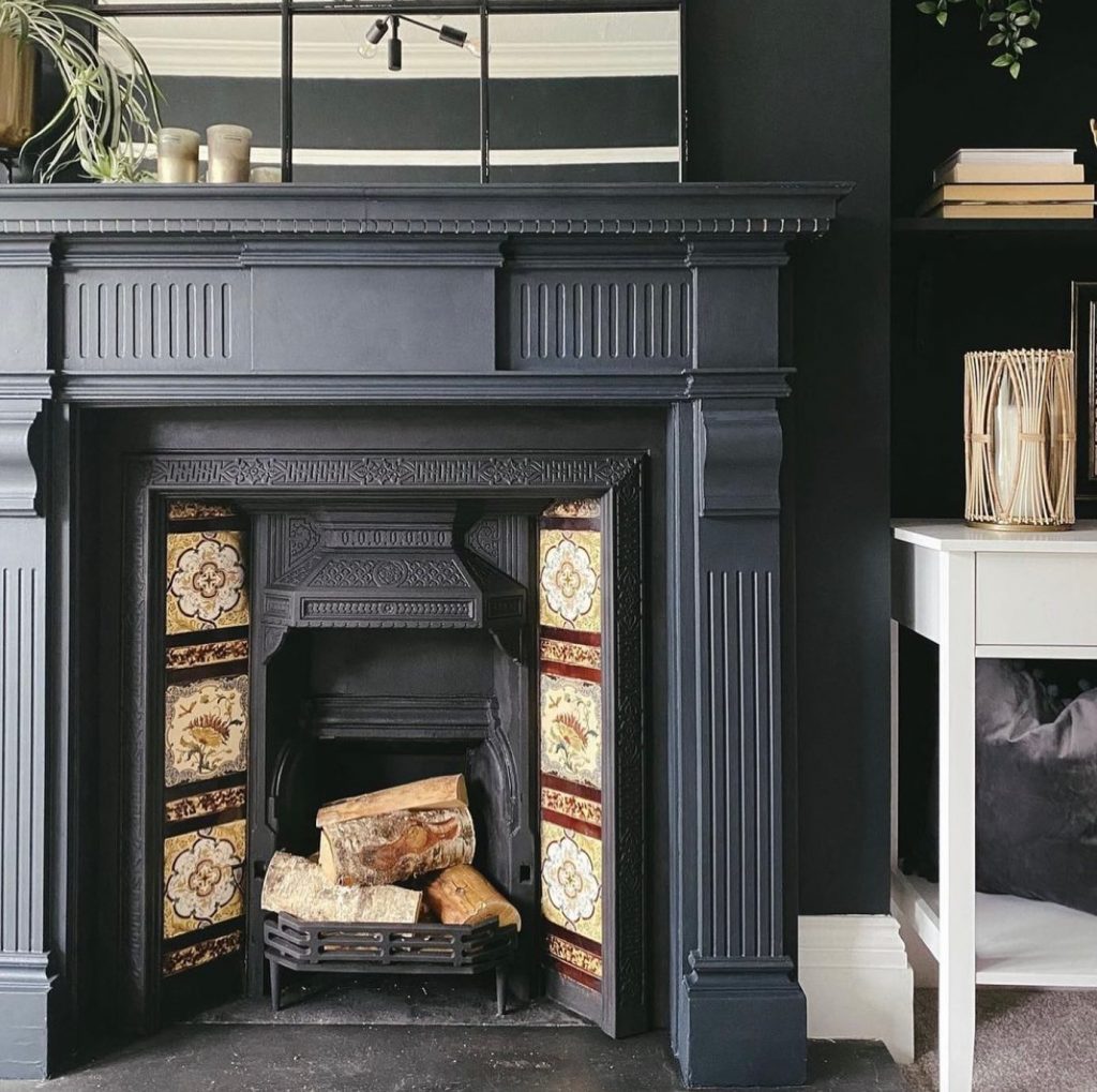 Benjamin Moore Midnight black painted fireplace