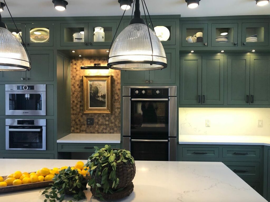 Benjamin Moore Rosepine kitchen cabinets painted in green