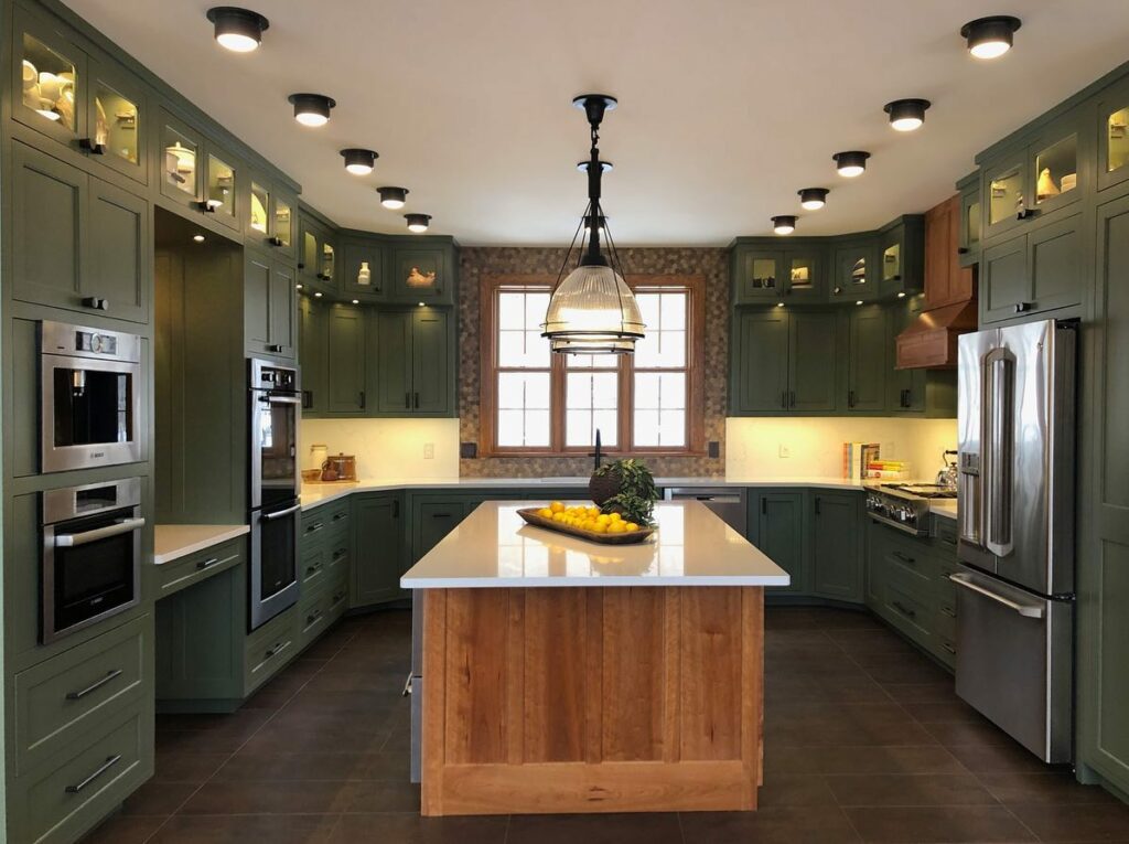 Rosepine by Benjamin Moore green kitchen cabinets