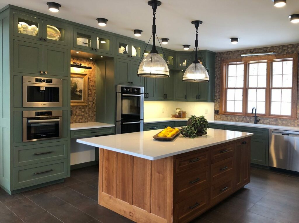 Rosepine by Benjamin Moore green kitchen cabinets wood island