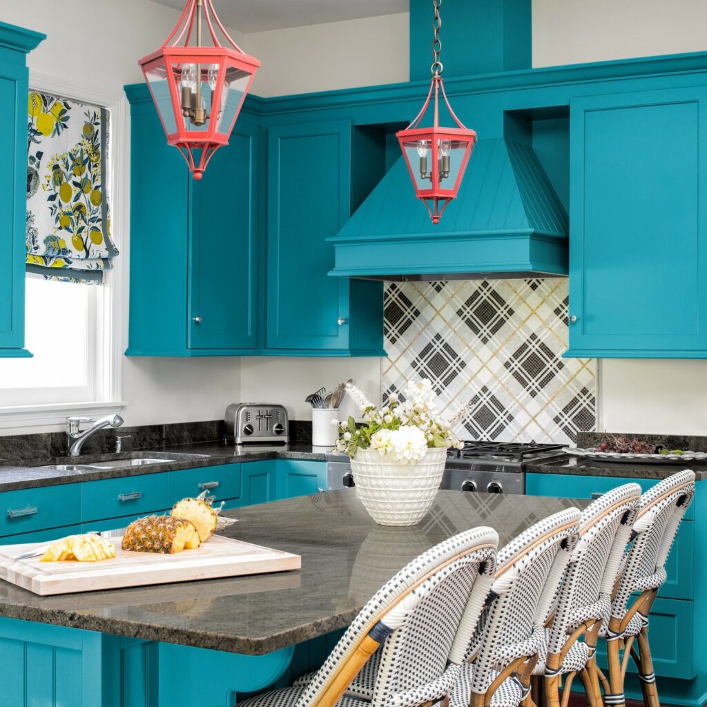 Benjamin Moore Blue Lagoon - teal painted kitchen cabinets