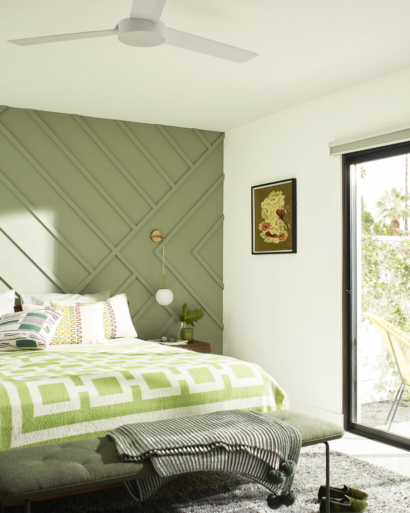 Benjamin Moore Misted Fern paneled green feature bedroom wall