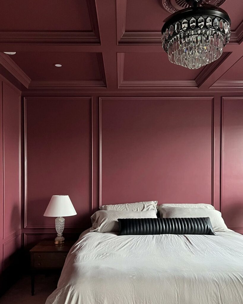 Benjamin Moore New London Burgundy bedroom walls and ceiling