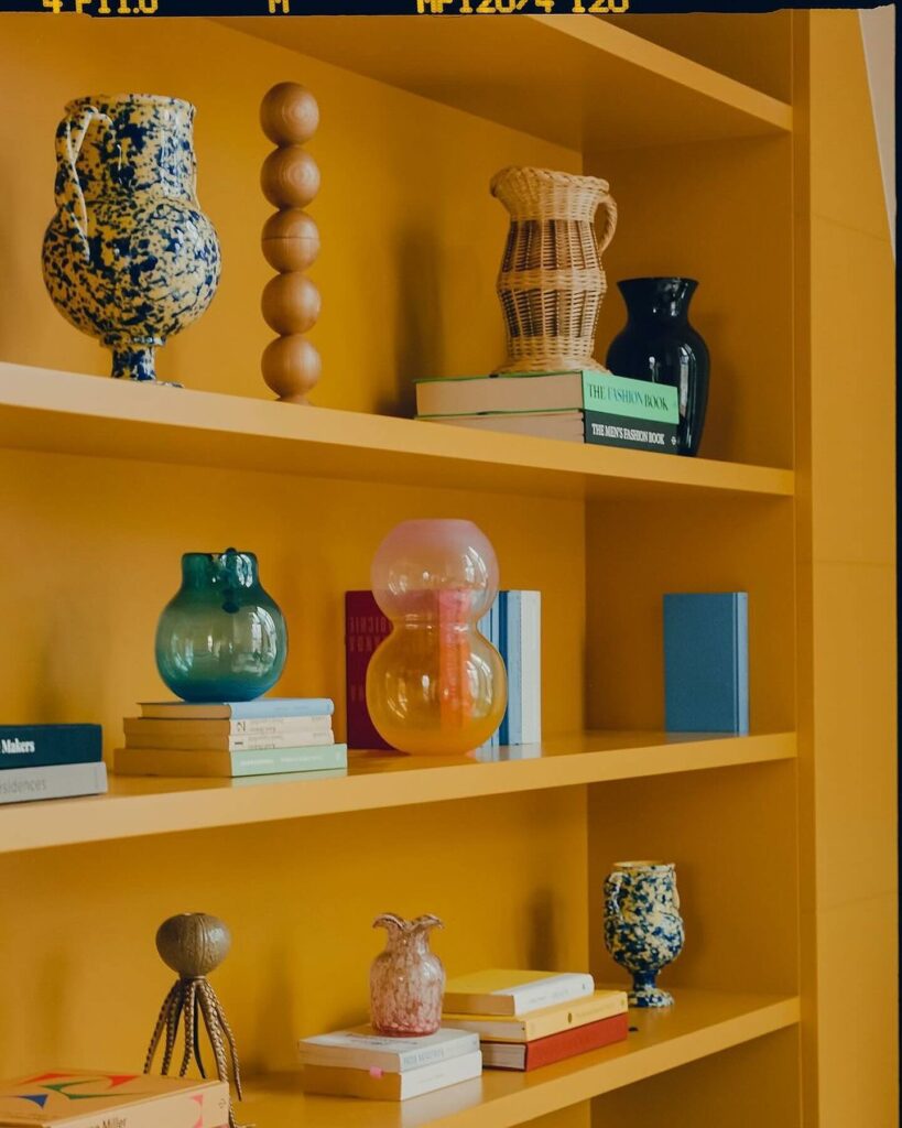 Modern Ochre Yellow Interior Design built in shelves