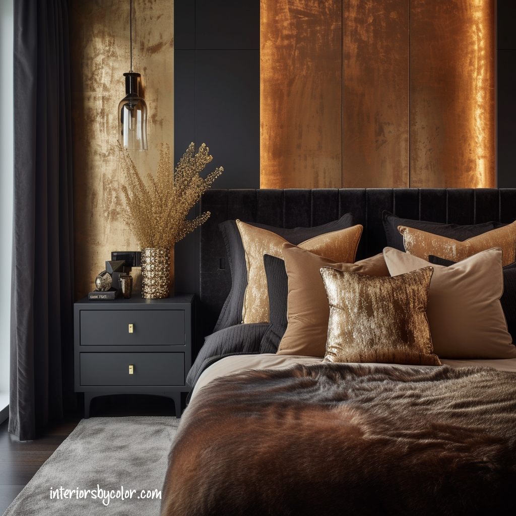 Best wall Paint Color for Bedroom with Dark Brown Furniture with metallic accents