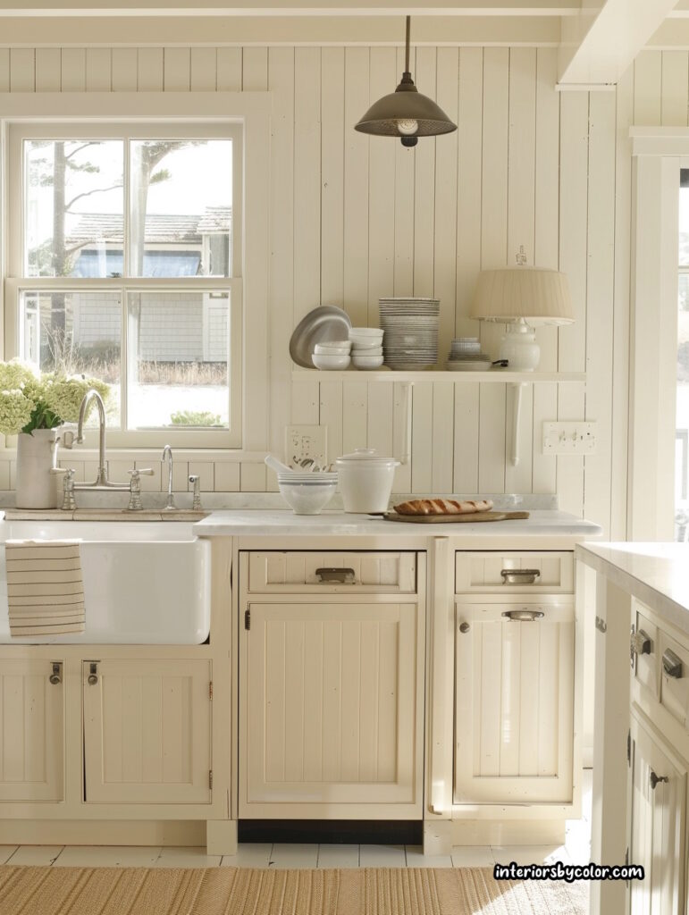 a coastal kitchen idea with haker-style cabinets, beadboard paneling, and farmhouse sink