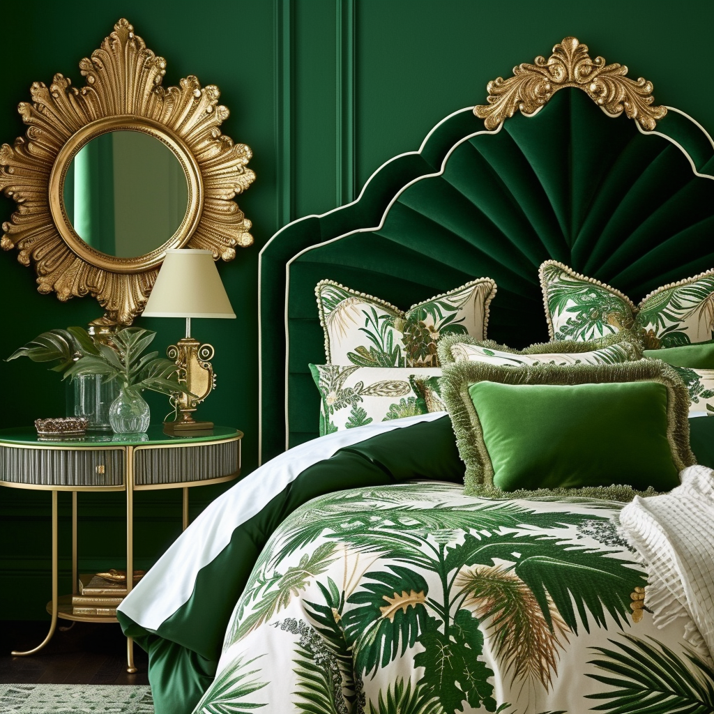 maximalist green and gold bedroom style