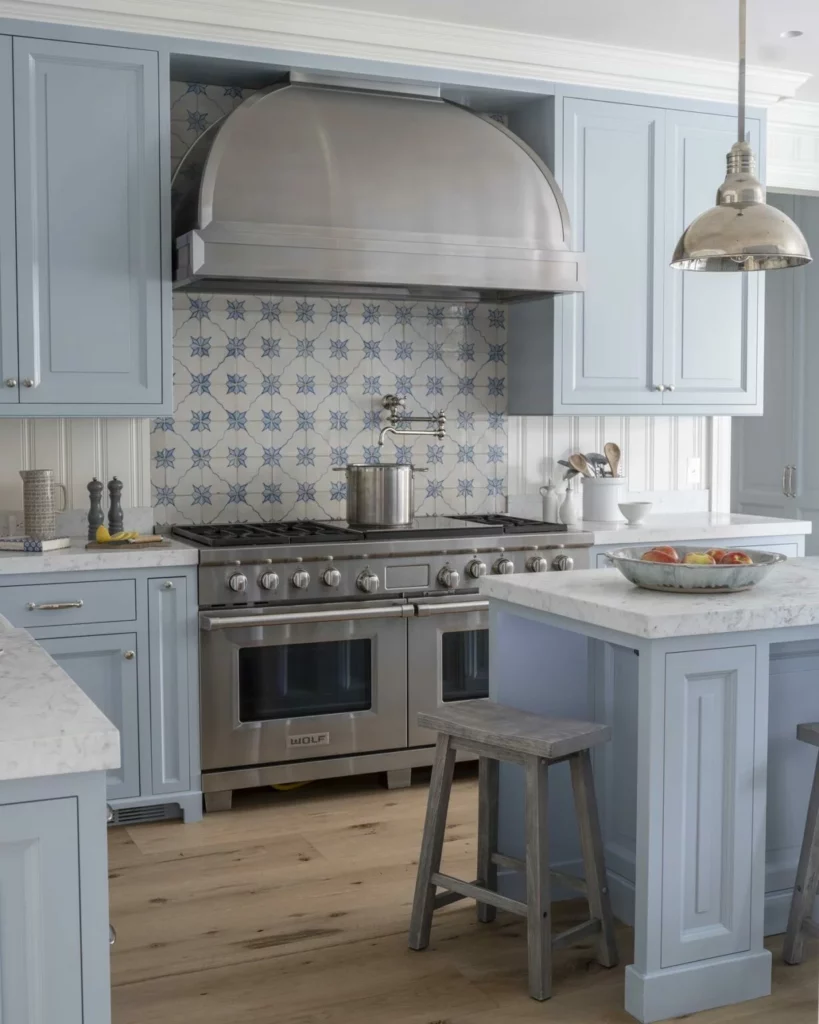 serene blue painted kitchen cabinets trend