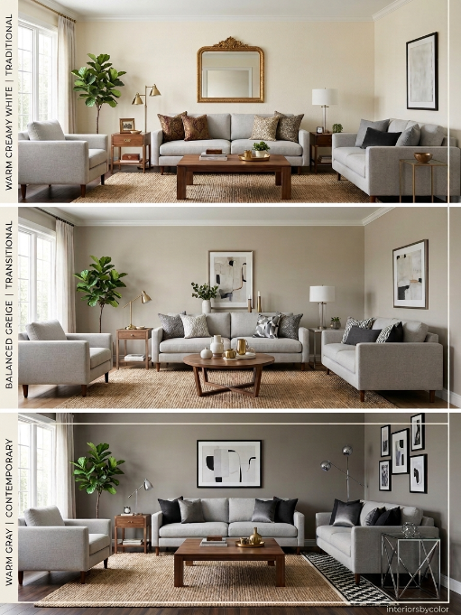 Three main neutral paint color families: warm white, greige, and warm gray