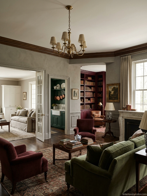 Bold Traditional whole-house paint palette with burgundy and hunter green accents