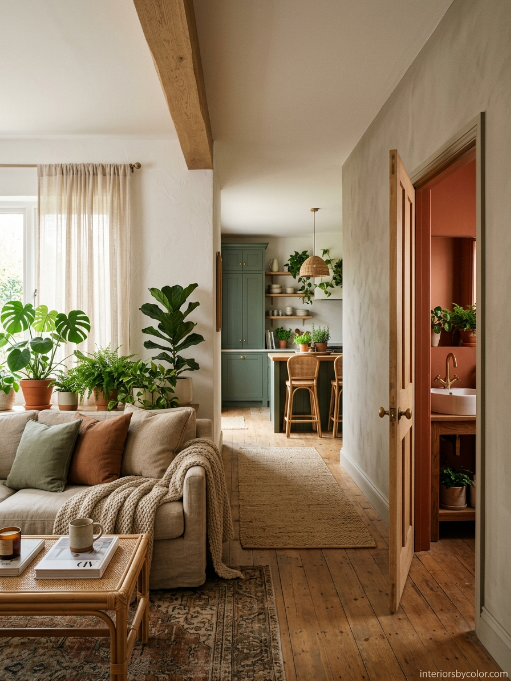 Earthy Organic whole-house paint palette with sage green and terracotta accents