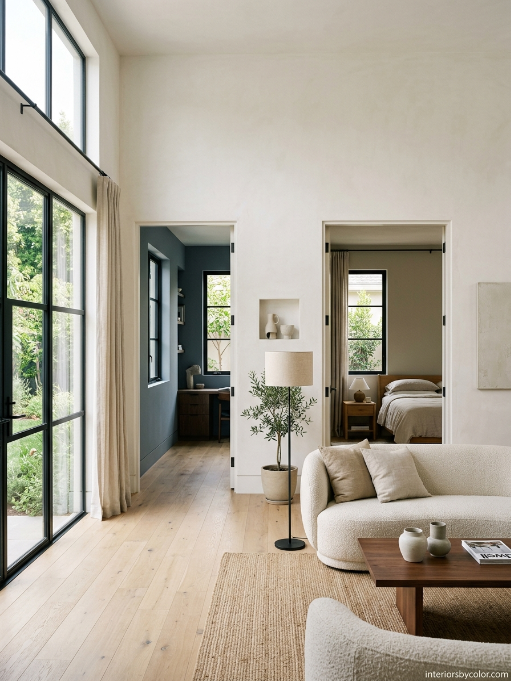 Warm Minimalist whole-house paint palette with color-drenched white walls and black accents