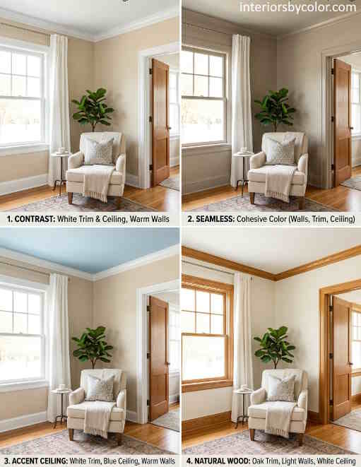 Four trim and ceiling paint strategies: white contrast, color drenching, colored ceiling, and natural wood