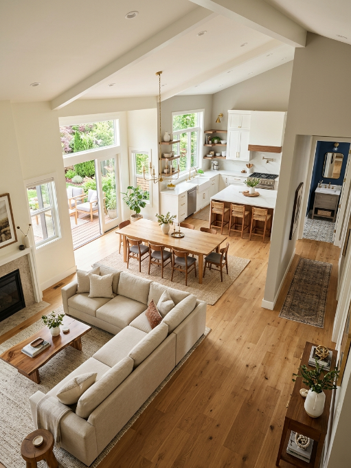 Connected whole-house paint color scheme flowing from living room to dining room to kitchen