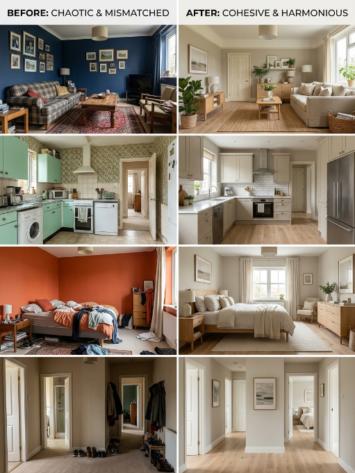 Disconnected vs. cohesive whole-house paint color schemes comparison