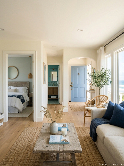Coastal Calm whole-house paint palette with warm white and soft blue tones
