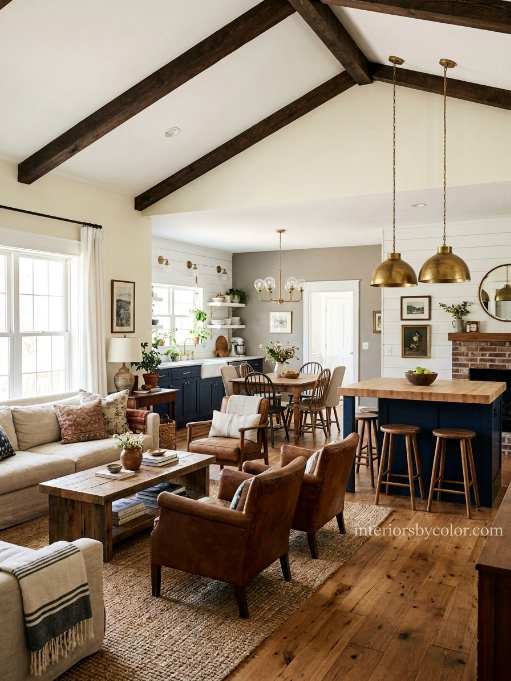 Modern Farmhouse whole-house paint palette: Alabaster, Revere Pewter, and Hague Blue