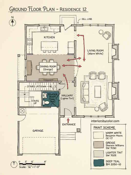 Floor plan showing how paint colors should flow between visible rooms in a house