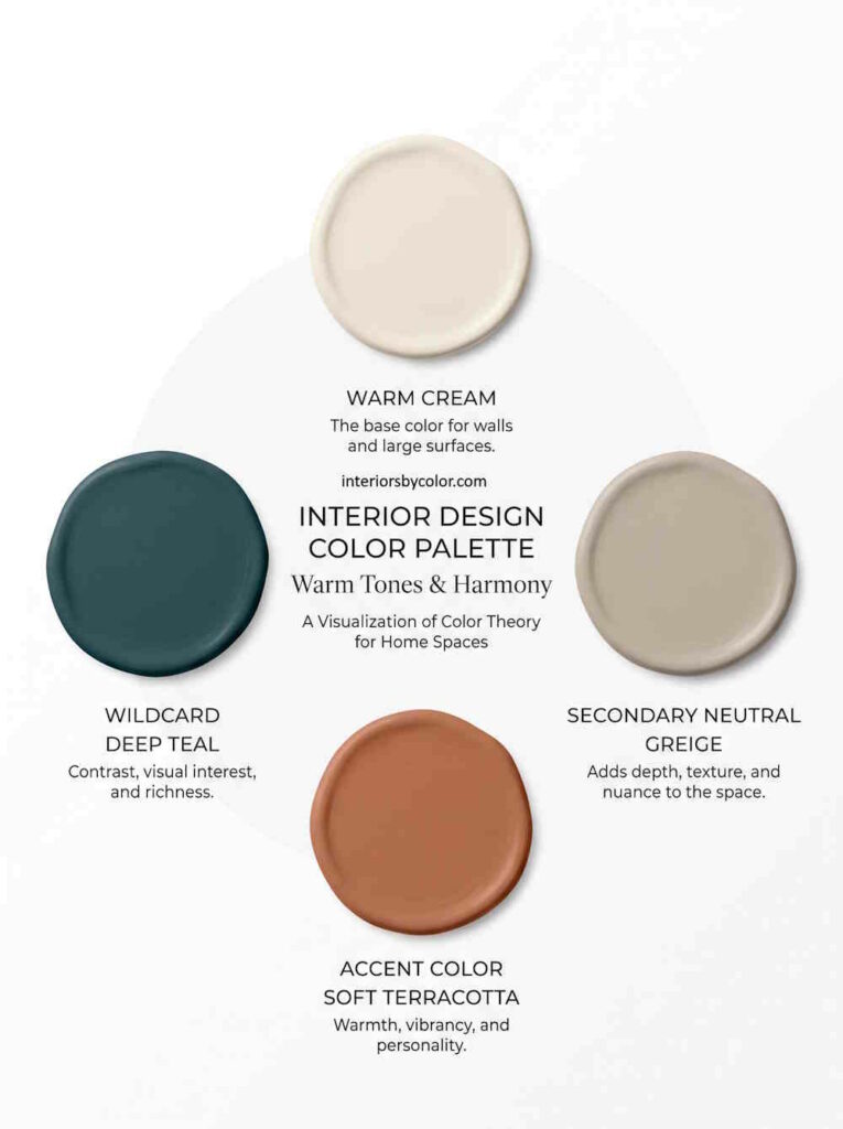 Main Neutral, Secondary Neutral, Accent Color, and Wildcard, each swatch a different warm tone from cream to greige to deep teal to soft terracotta
