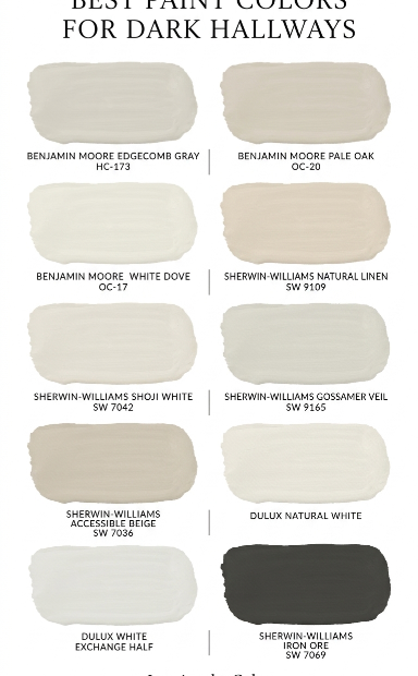 Best paint colors for dark hallways including Benjamin Moore, Sherwin-Williams and Dulux
