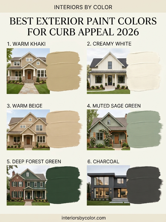 2026 exterior paint color trends featuring warm beige, khaki, creamy white, sage green, forest green and charcoal