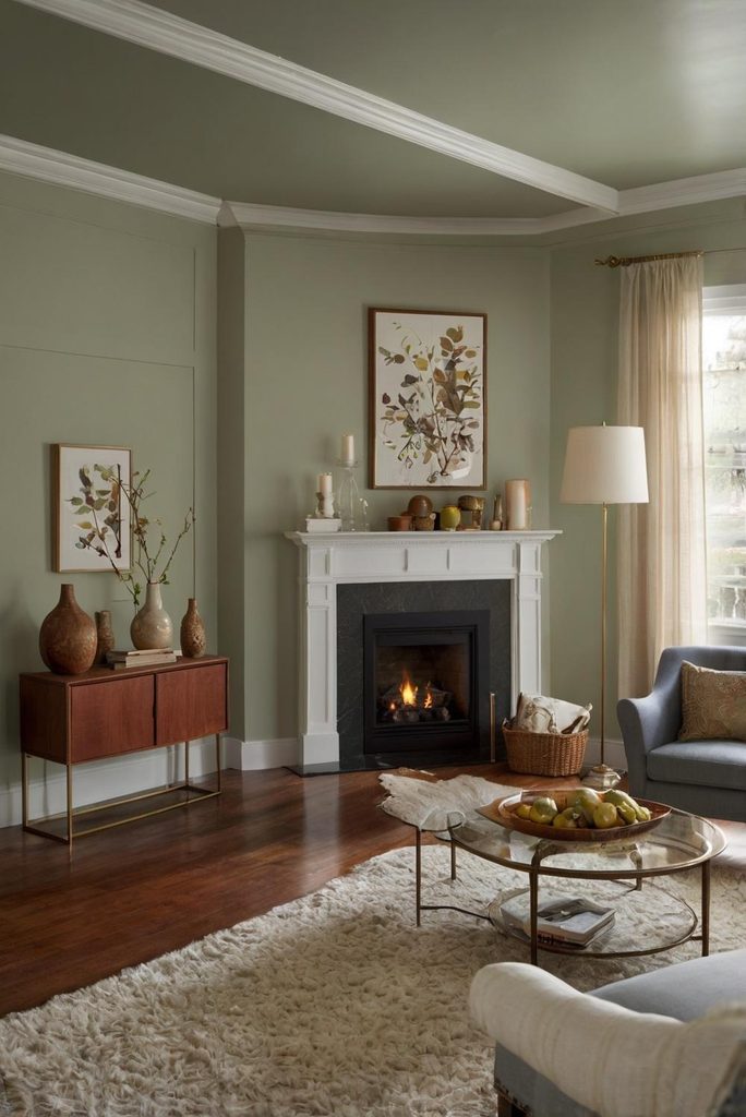 living room and ceiling painted in sage green using Benjamin moore october Mist