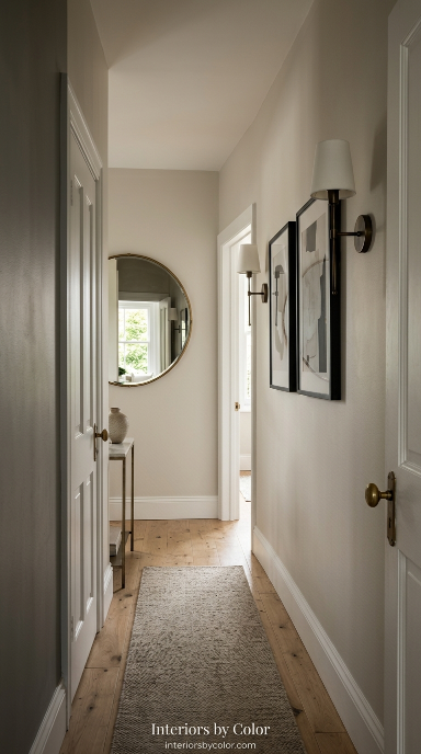 Dark hallway painted in warm greige with oak flooring, brass lighting and modern artwork