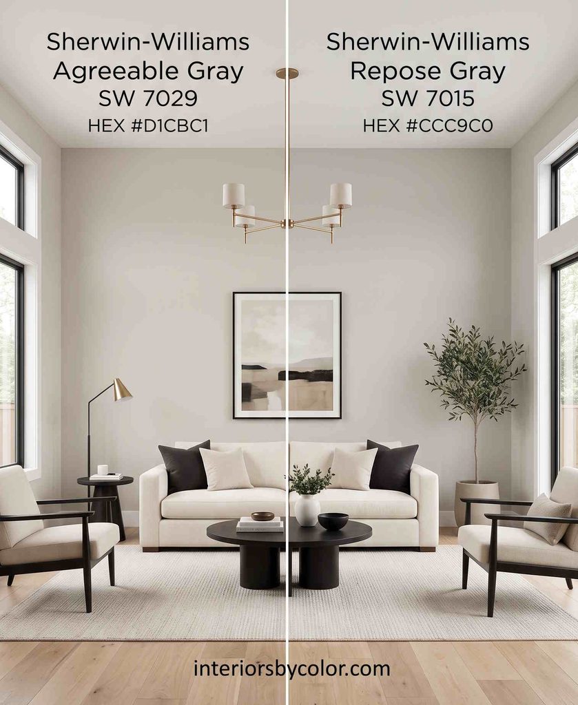 Sherwin Williams Agreeable Gray vs Repose Gray living room comparison