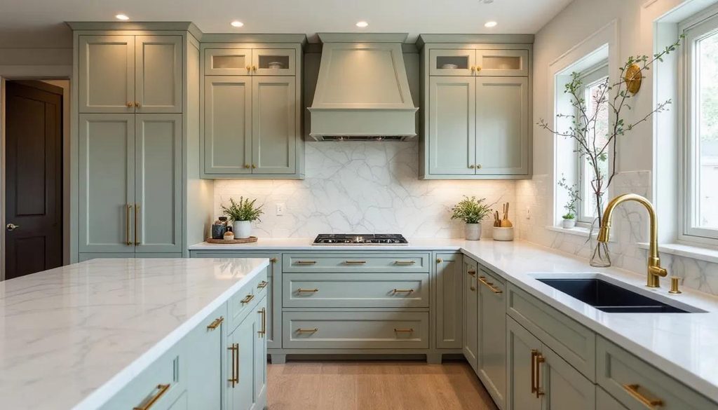 sage green painted kitchen cabinets using Sherwin-Williams Clary Sage SW 6178 kitchen cabinets