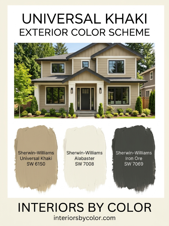 2026 exterior paint color trends featuring warm beige, khaki, creamy white, sage green, forest green and charcoal Shwerwin williams universal khaki external paint color