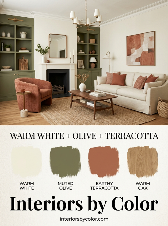 Warm white olive green and terracotta living room color combination