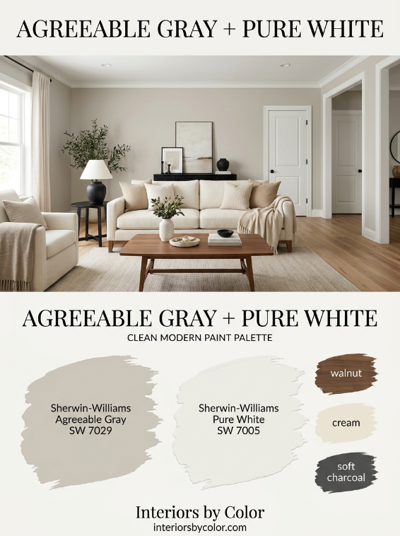 Sherwin-Williams Agreeable Gray and Pure White living room with neutral paint palette