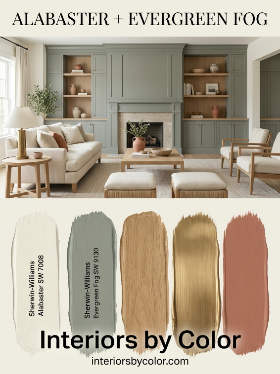 Sherwin-Williams Alabaster and Evergreen Fog green living room color combination