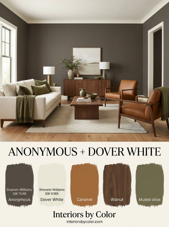 Sherwin-Williams Anonymous and Dover White earthy living room paint combination