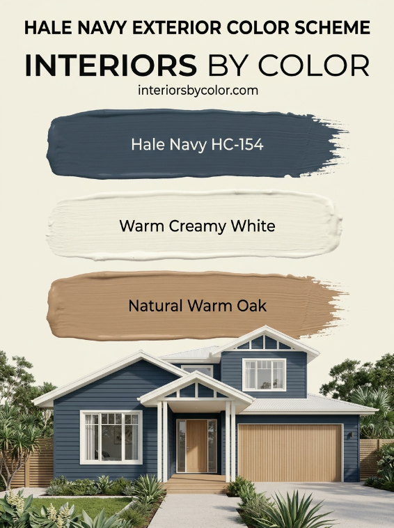 Benjamin Moore Hale Navy HC-154 exterior paint palette with warm white and natural timber