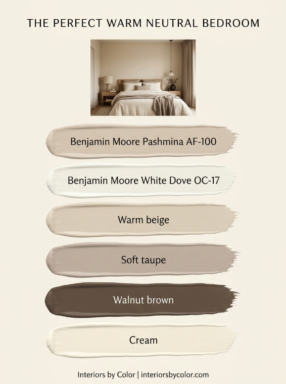 Warm neutral bedroom color palette with beige, cream, taupe and brown
