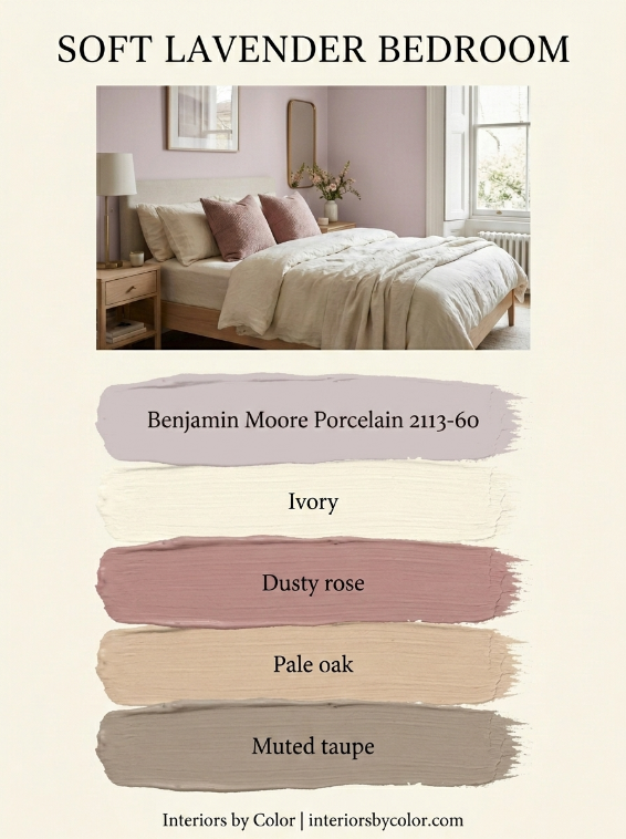 Soft lavender bedroom color palette with ivory, dusty rose, oak and taupe