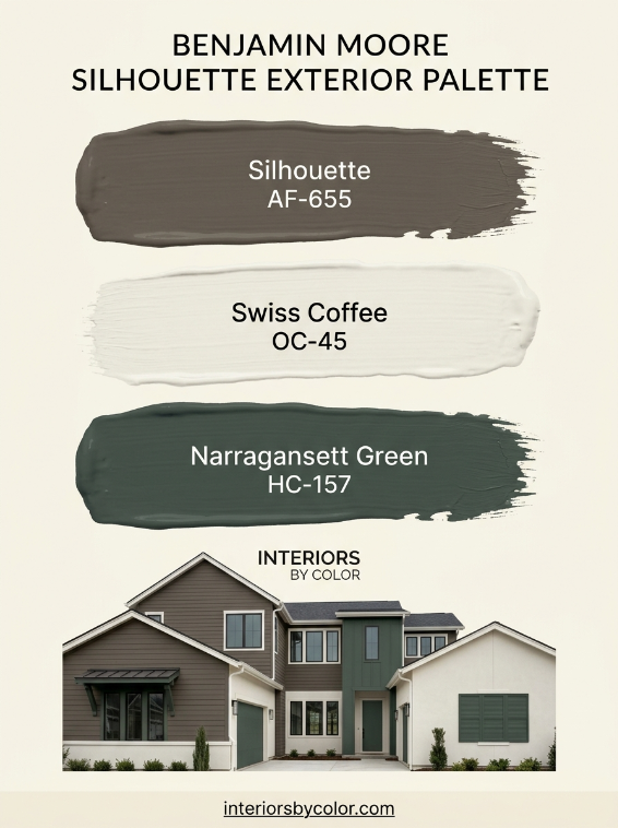 Benjamin Moore Silhouette AF-655 exterior color palette with Swiss Coffee and Narragansett Green