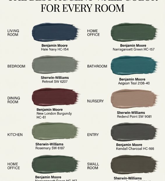 Best accent wall color for every room with specific Benjamin Moore and Sherwin-Williams paint colors.