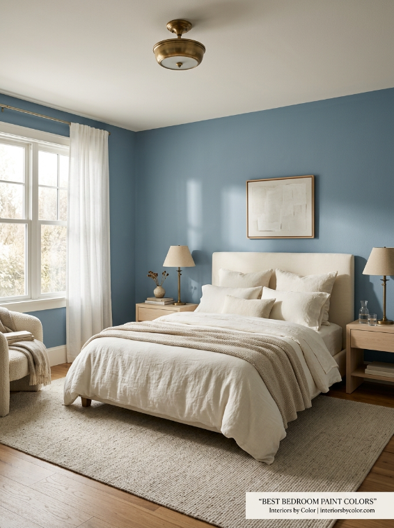 Best bedroom paint colors for better sleep including soft blue, sage green and warm neutral bedrooms