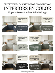 Best kitchen cabinet color combinations for upper and lower cabinets featuring white, navy, green, greige and black.