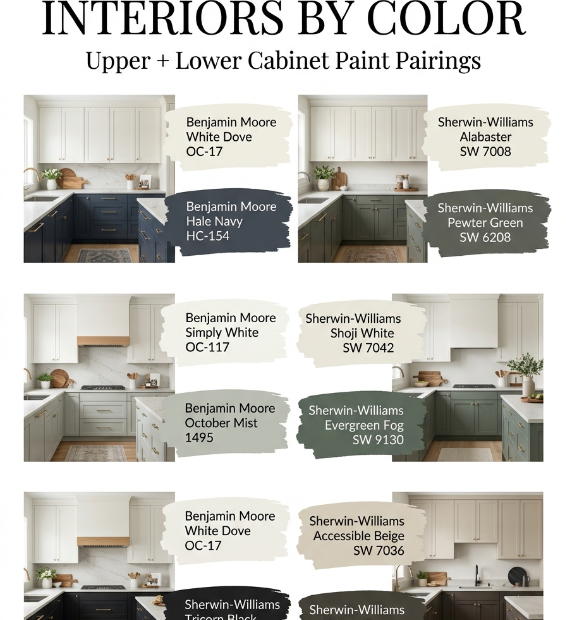 Best kitchen cabinet color combinations for upper and lower cabinets featuring white, navy, green, greige and black.
